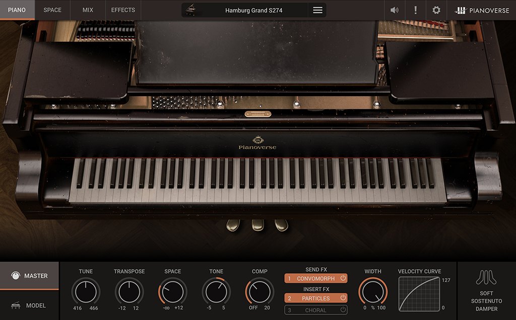 MODO BASS 2の画面。「Punk Bass」のベースが表示され、左に仕様(フレット数、スケール長など)、下に指板が見える