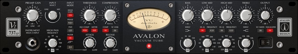 Avalon VT-737spの画面（黒いパネル）。Preamp Gain、Compression、VUメーター、Bass、Low Mid、High Mid、Trebleが並ぶ