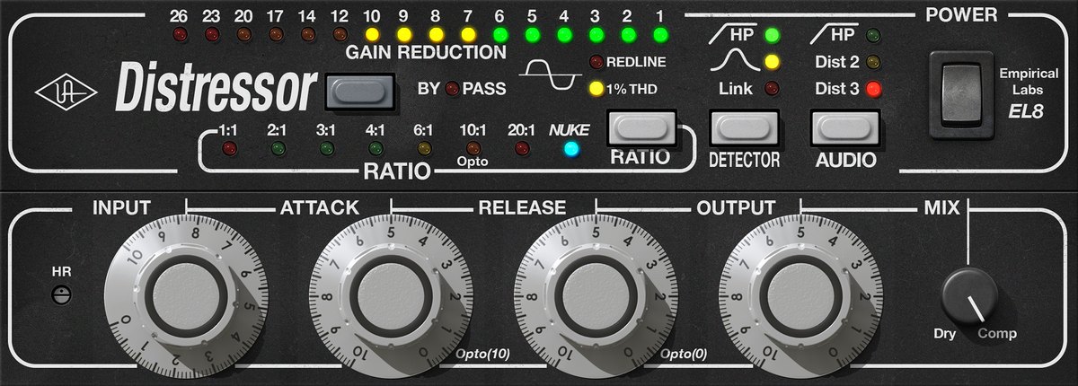 Distressor EL8の画面。上にGain Reductionの表示とRatioのボタン、下にInput、Attack、Release、Output、Mixのつまみが並ぶ