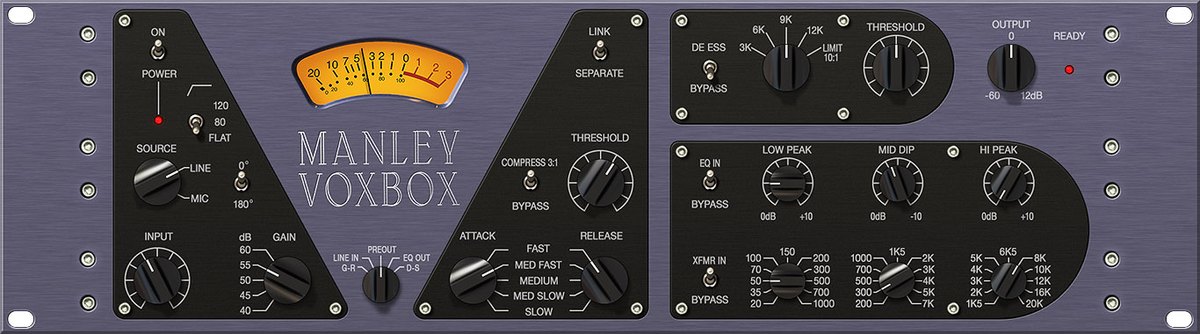 Manley VOXBOXの画面（全体）。左にマイクプリ、中央にVUメーターとコンプ、右にDe-Ess、EQ、Outputが並ぶ