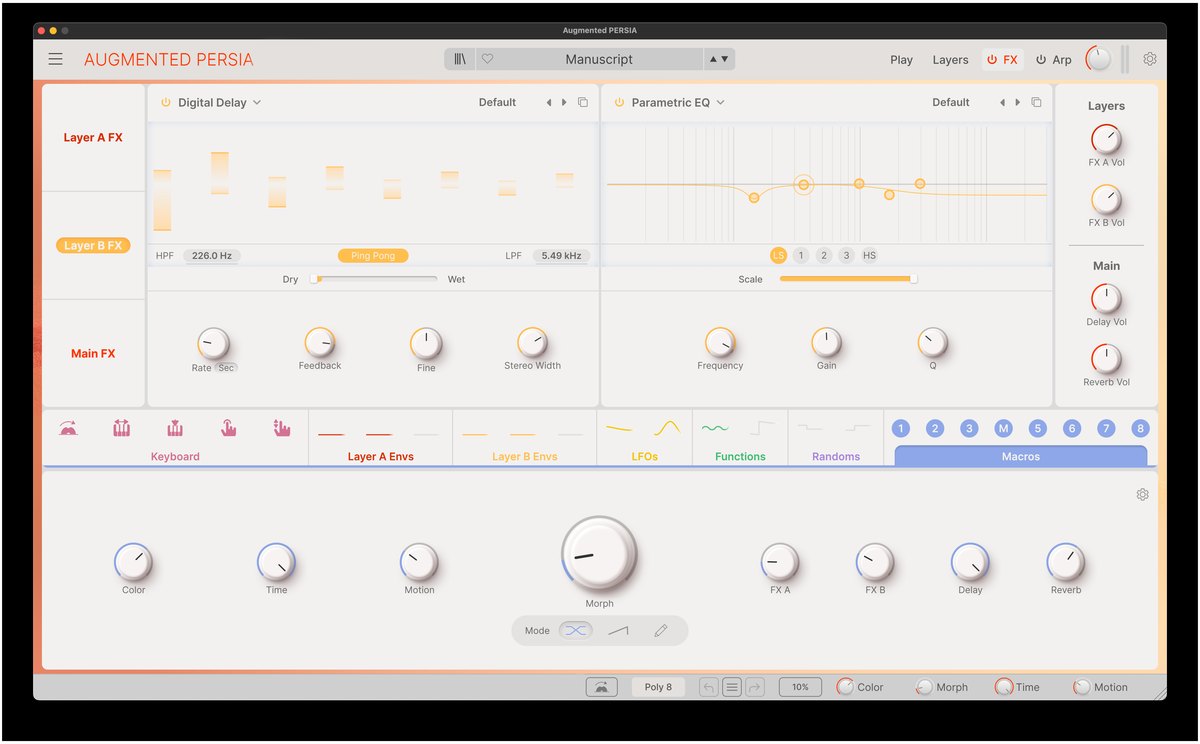 Augmented PERSIAのFXの画面。Digital DelayとParametric EQの設定が表示されている