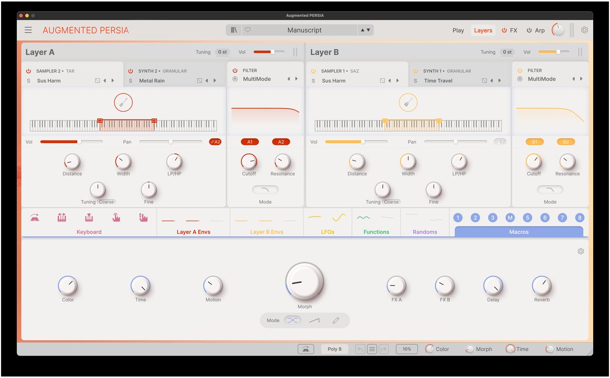 Augmented PERSIAのLayersの画面。Layer AとLayer Bの音源(Sampler、Synth)とFilter、下にMacrosのつまみが並ぶ