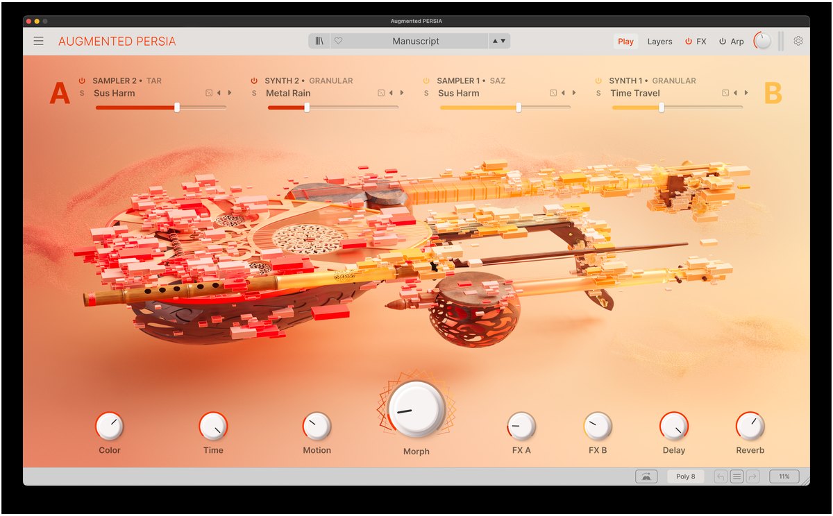 Augmented PERSIAの画面。上にLayer AとLayer Bの音源(Tar、Saz、Granularなど)、中央に楽器の絵、下にColor、Time、Motion、Morph、FX A、FX B、Delay、Reverbのつまみが並ぶ