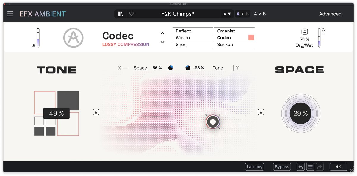 Efx AMBIENTのCodecモードの画面。中央のXYパッドと、左右にToneとSpaceが表示されている