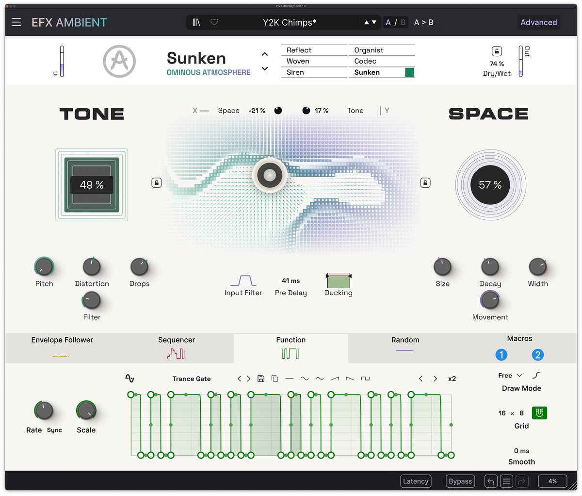 Efx AMBIENTのSunkenモードの画面。下段にFunctionのモジュレーションが表示されている