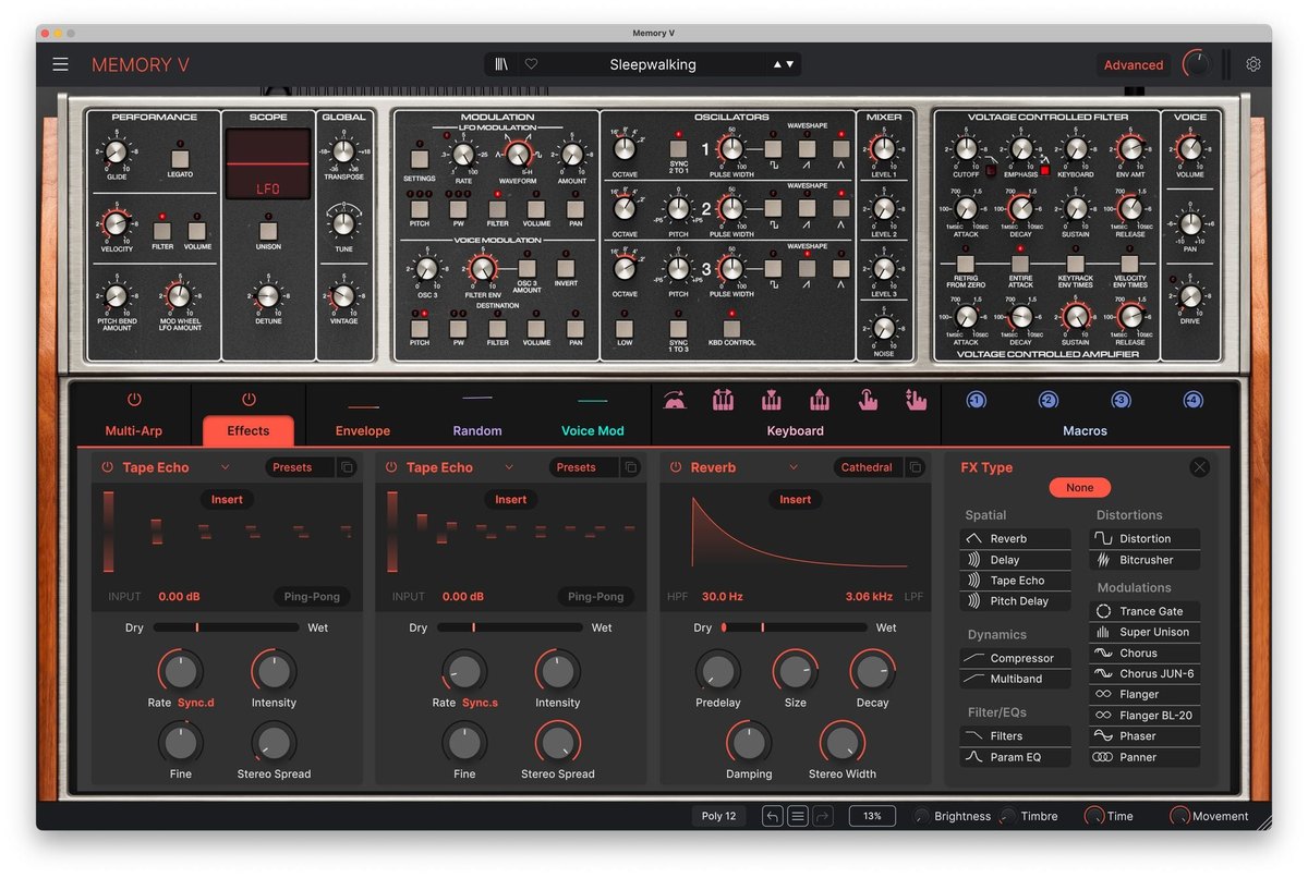 Memory VのEffectsの画面。Tape Echoが2つとReverbが並び、右にFX Typeの一覧（Reverb、Delay、Distortion、Chorusなど）が表示されている