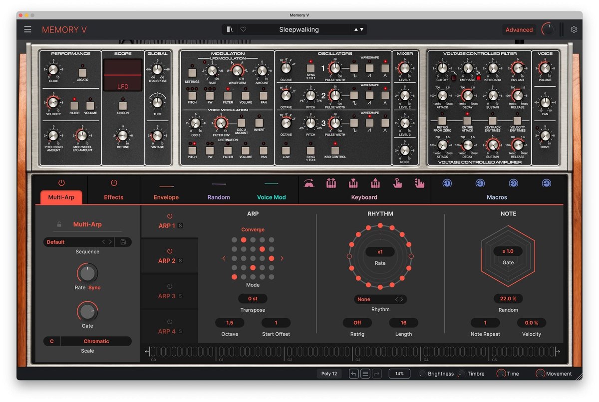 Memory VのMulti-Arpの画面。左にARP 1〜4、中央にArp、Rhythm、Noteの設定が表示されている