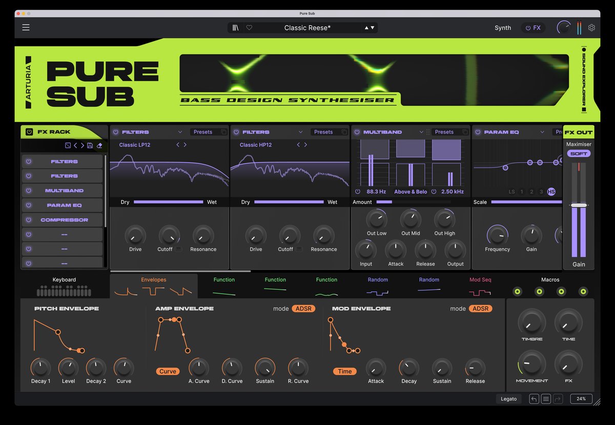 FX Rackの画面。Filters、Multiband、Param EQ、Compressorなどが並び、下段にPitch・Amp・Modのエンベロープが表示されている