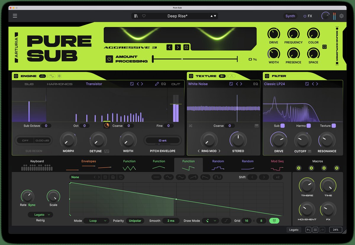 Functionモジュレーターを開いたPure SUBの画面。右下がりの線が表示されている