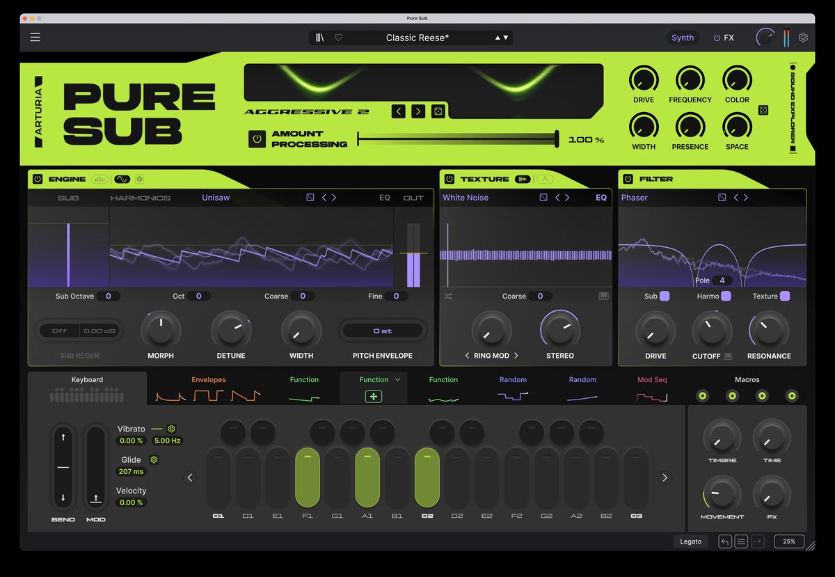 Pure SUBのメイン画面。中段にEngine・Texture・Filter、下段にモジュレーションの切り替えが並ぶ