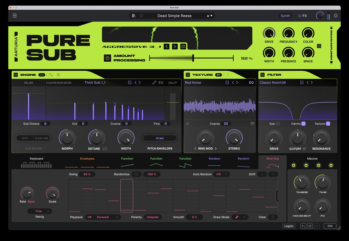Mod Seq(ステップシーケンサー)を開いたPure SUBの画面。ステップごとの値を示す棒が並んでいる