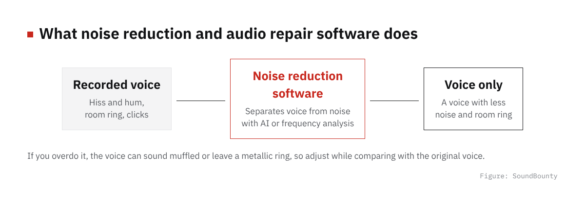 Diagram of what noise reduction software does: recorded voice, noise reduction software, voice only
