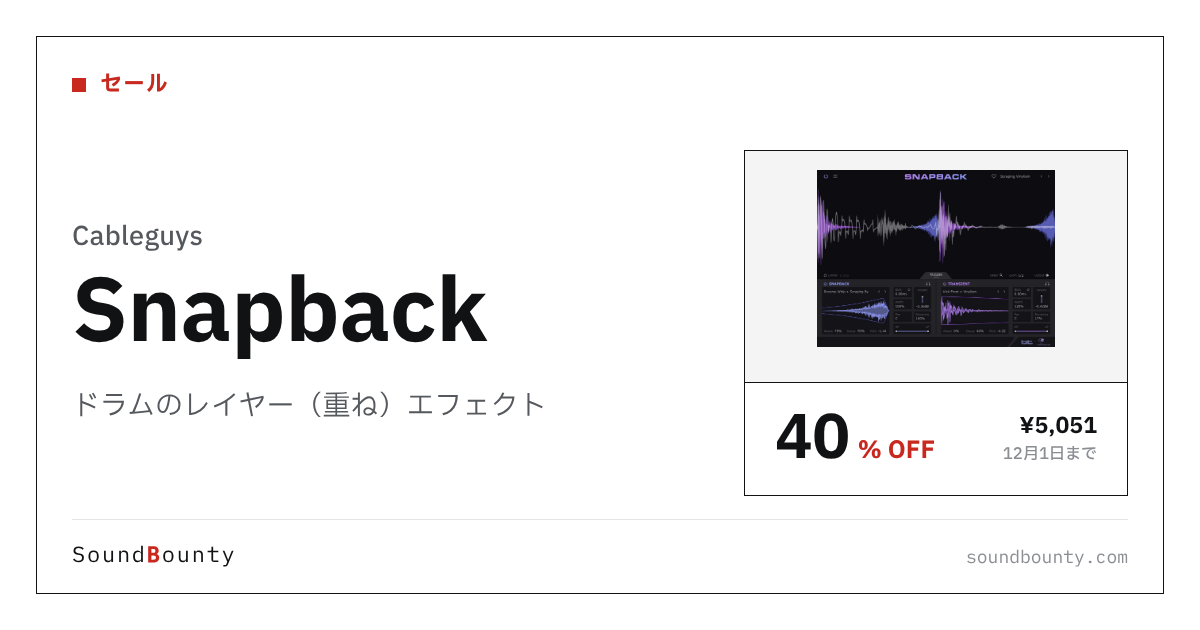 ドラムのレイヤー(重ね)エフェクト「Snapback」が40%オフの¥5,051に 12月1日まで(Plugin Boutique)