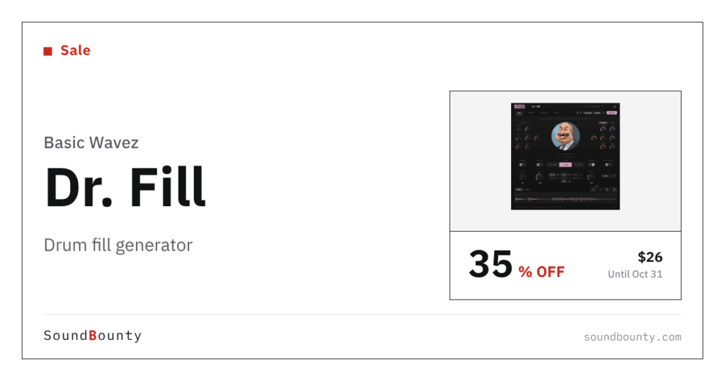 Basic Wavez Dr. Fill drum fill generator is 35% off at Plugin Boutique ($26, until Oct 31)