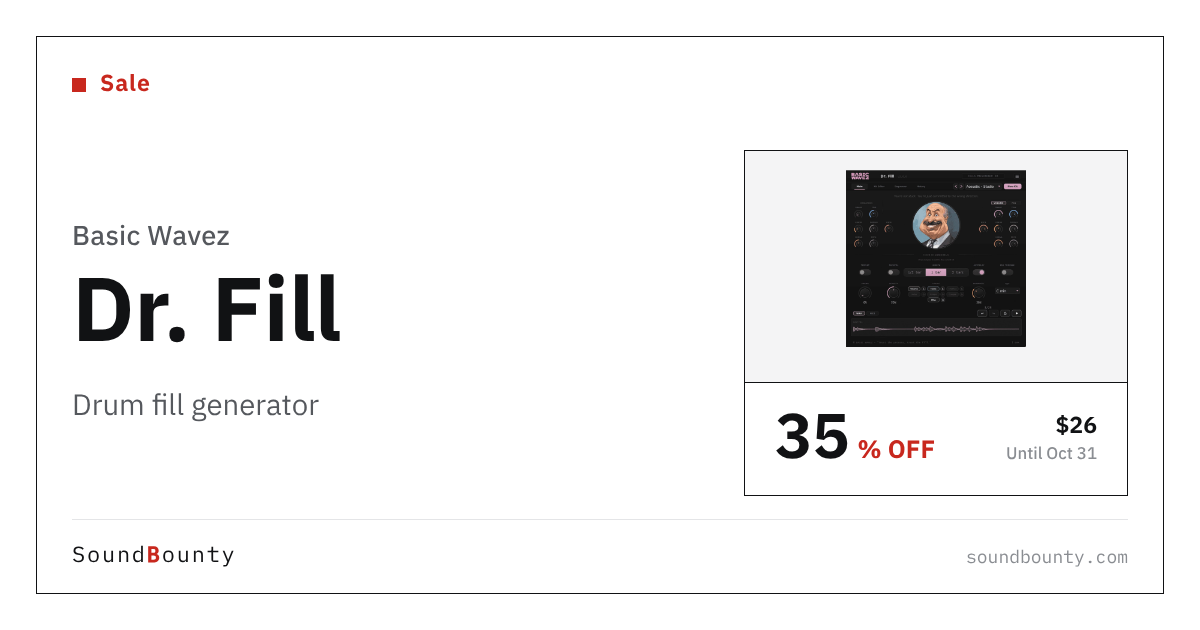 Basic Wavez Dr. Fill drum fill generator is 35% off at Plugin Boutique ($26, until Oct 31)