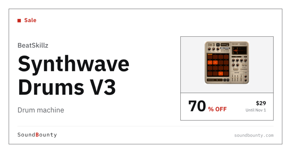 BeatSkillz Synthwave Drums V3 drum machine is 70% off at Plugin Boutique ($29, until Nov 1)