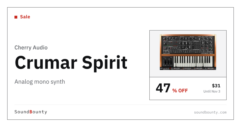 Cherry Audio Crumar Spirit analog mono synth is 47% off at Plugin Boutique ($31, until Nov 3)