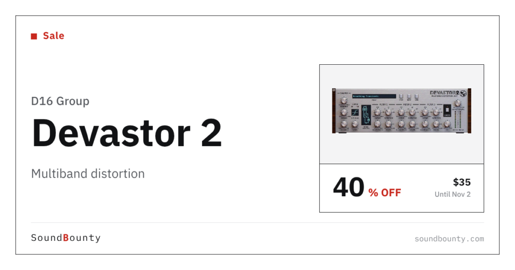 D16 Group Devastor 2 multiband distortion is 40% off at Plugin Boutique ($35, until Nov 2)