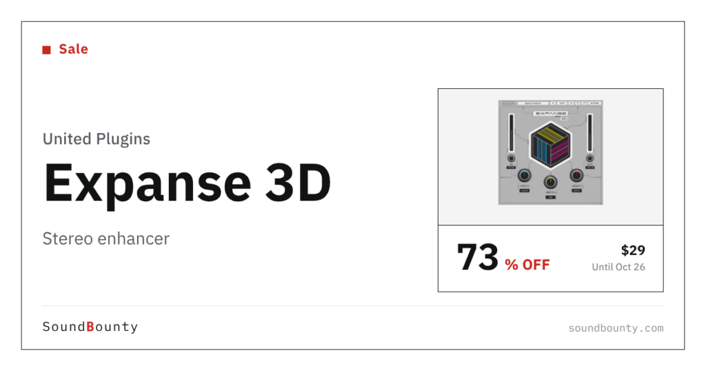United Plugins Expanse 3D stereo enhancer is 73% off at Plugin Boutique ($29, until Oct 26)