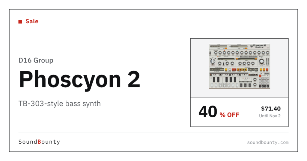 Phoscyon 2 TB-303-style bass synth is 40% off at Plugin Boutique ($71.40, until Nov 2)