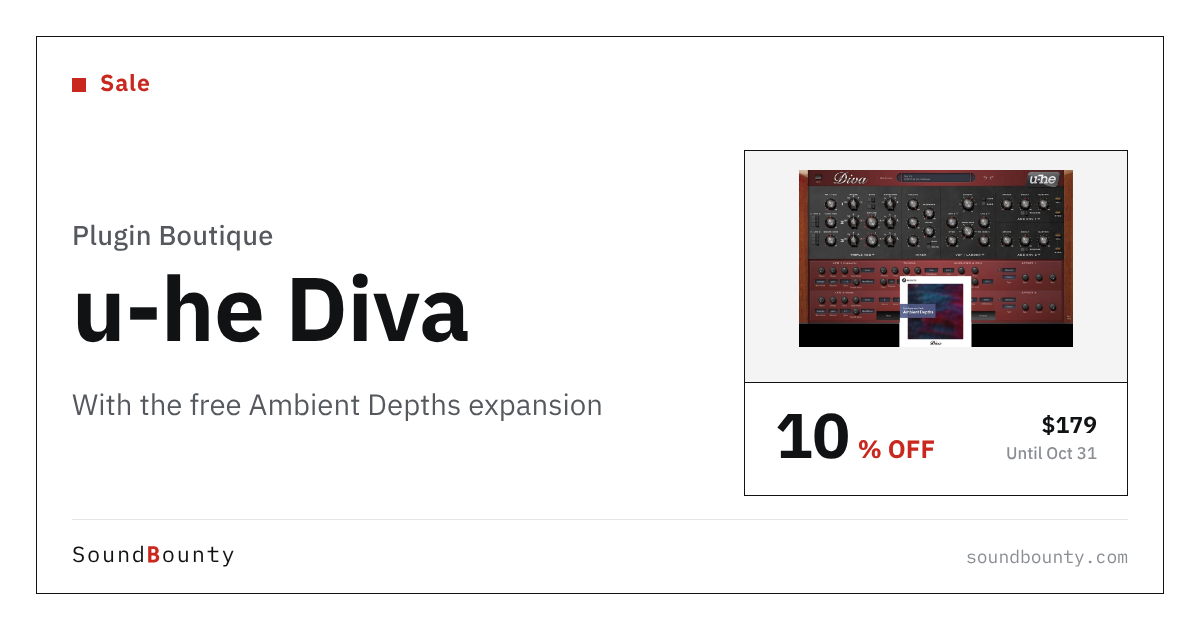 u-he Diva with the free Ambient Depths expansion is 10% off at Plugin Boutique ($179, until Oct 31)