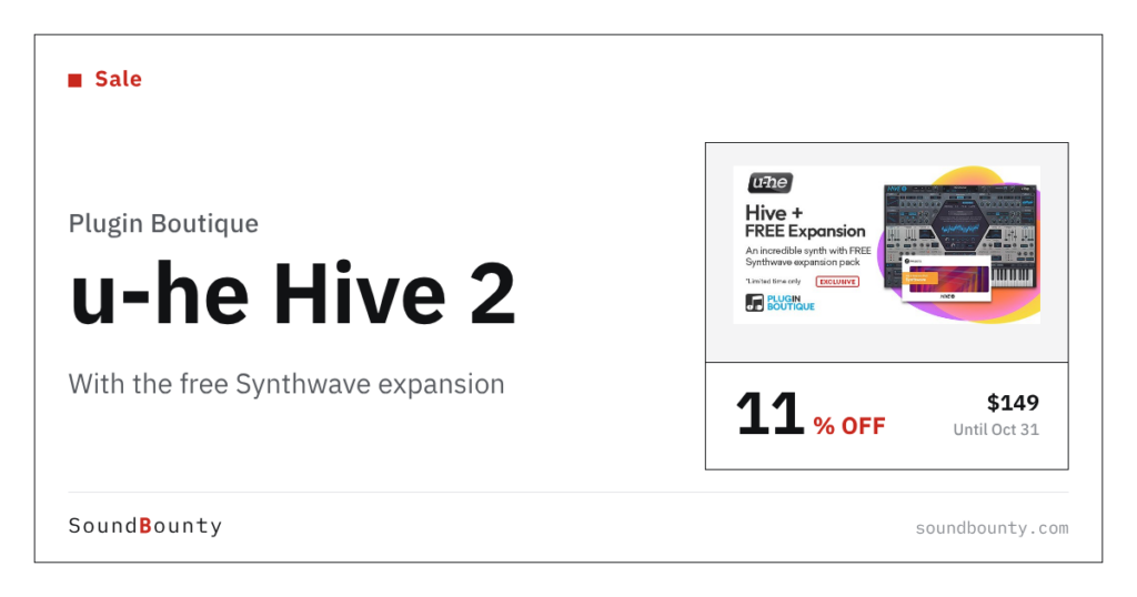 u-he Hive 2 with the free Synthwave expansion is 11% off at Plugin Boutique ($149, until Oct 31)