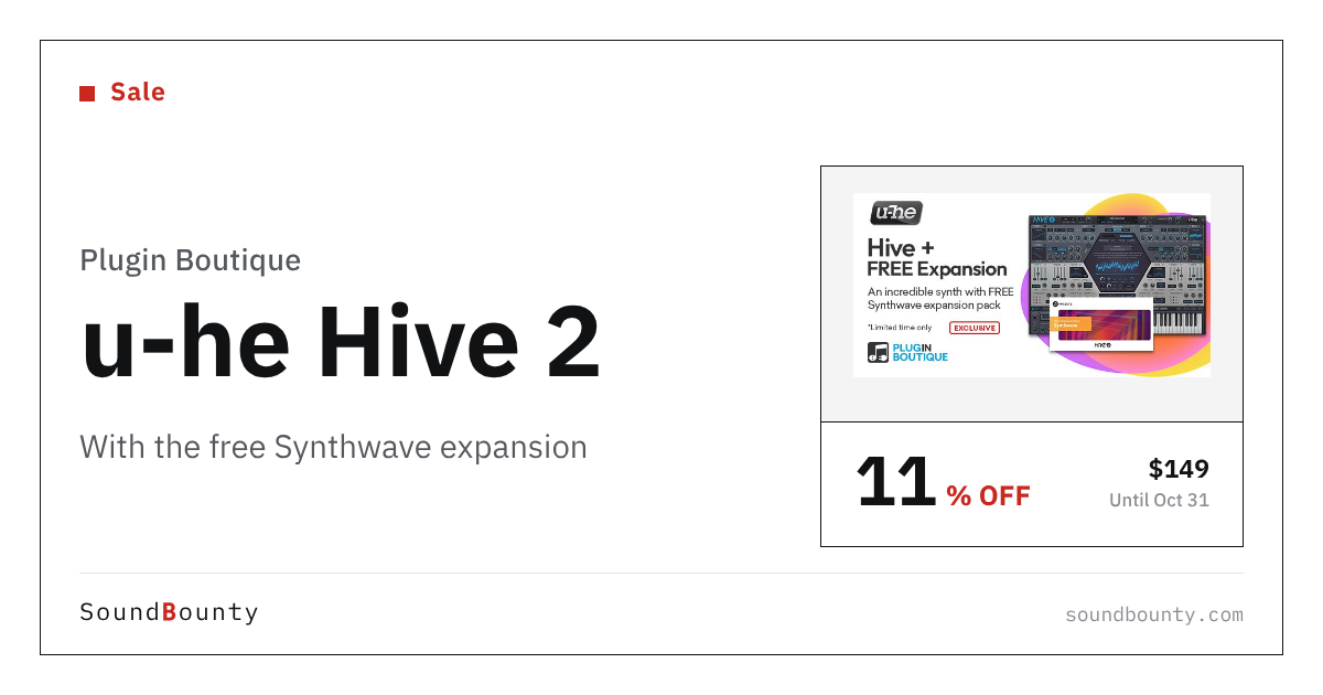 u-he Hive 2 with the free Synthwave expansion is 11% off at Plugin Boutique ($149, until Oct 31)