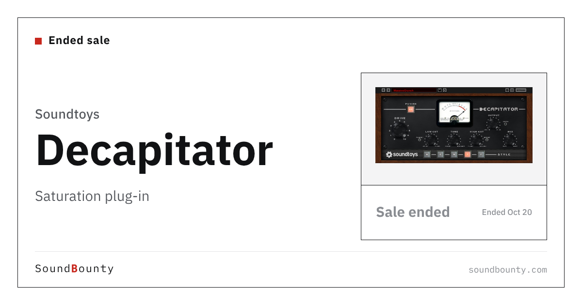Soundtoys Decapitator saturation plug-in is 70% off at Plugin Boutique ($59, until Oct 20)