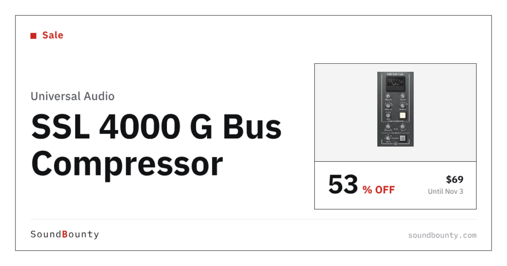 Universal Audio SSL 4000 G Bus Compressor is 53% off at Plugin Boutique ($69, until Nov 3)