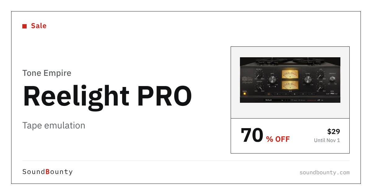 Tone Empire Reelight PRO tape emulation is 70% off at Plugin Boutique ($29, until Nov 1)
