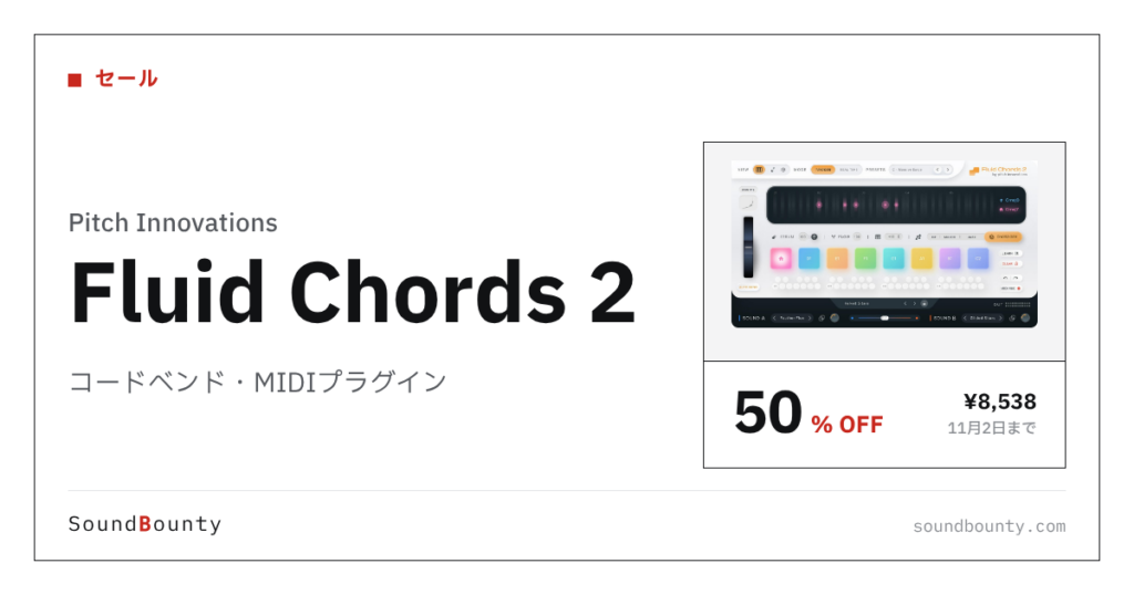 コードベンド・MIDIプラグイン「Fluid Chords 2」が50%オフの¥8,538に 11月2日まで（Plugin Boutique）