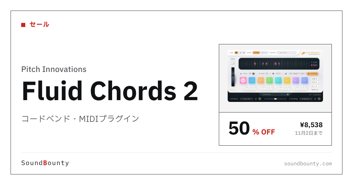 コードベンド・MIDIプラグイン「Fluid Chords 2」が50%オフの¥8,538に 11月2日まで(Plugin Boutique)