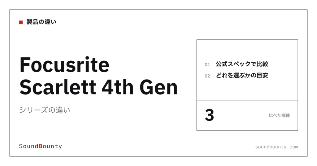 Focusrite Scarlett 4th Genシリーズの違い｜Scarlett Solo 4th・Scarlett 2i2 4th・Scarlett 4i4 4thを公式スペックで比べてどれを選ぶか