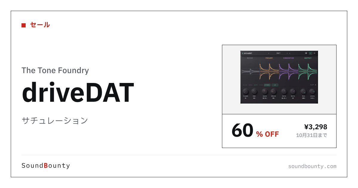 サチュレーション「driveDAT」が60%オフの¥3,298に 10月31日まで(Plugin Boutique)