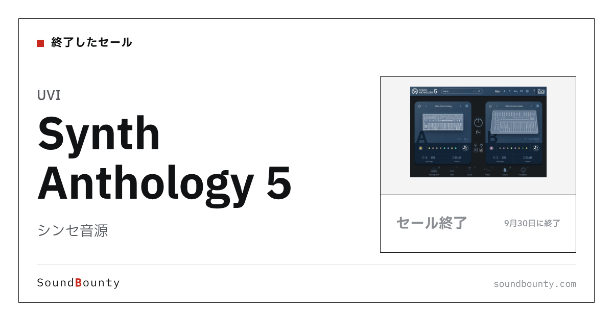シンセ音源「Synth Anthology 5」のセール（9月30日に終了）