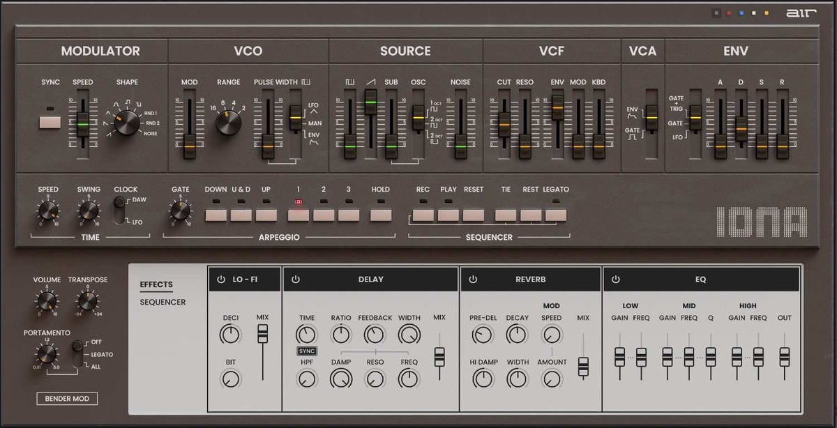 Ionaの画面(茶色のパネル)。上にModulator、VCO、Source、VCF、VCA、Env、中ほどにArpeggioとSequencer、下にLo-Fi、Delay、Reverb、EQのエフェクトが並ぶ