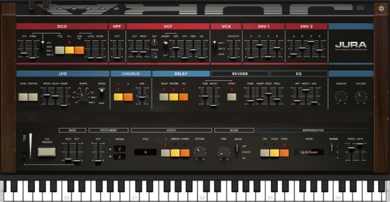 Juraの画面。上にDCO、HPF、VCF、VCA、ENV、LFO、Chorus、Delay、Reverb、EQの操作部、下に鍵盤がある