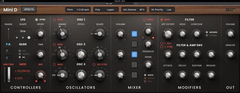 Mini Dの画面。左からControllers、Oscillators（OSC 1〜3）、Mixer、Modifiers（FilterとAmp Env）、Outが並ぶ