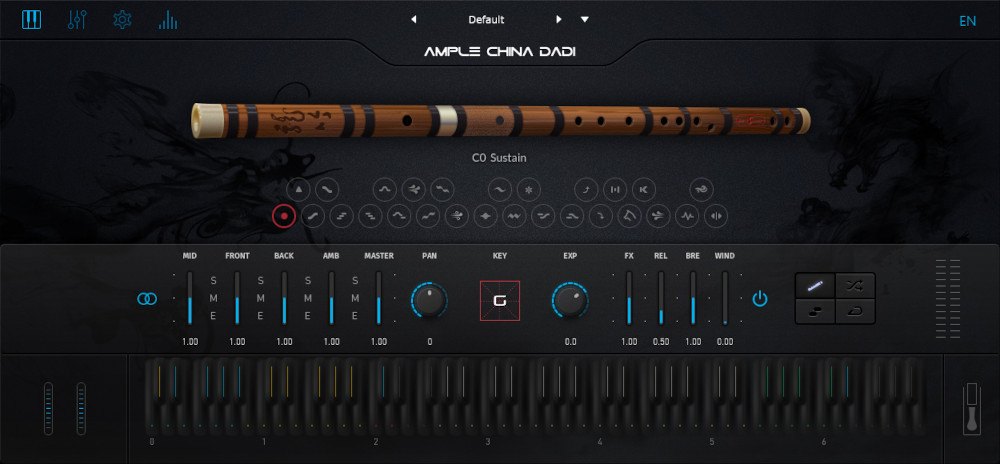 Ample China Dadiの画面。横笛が表示され、下にMID、FRONT、BACK、AMB、MASTERのスライダーと鍵盤が並ぶ