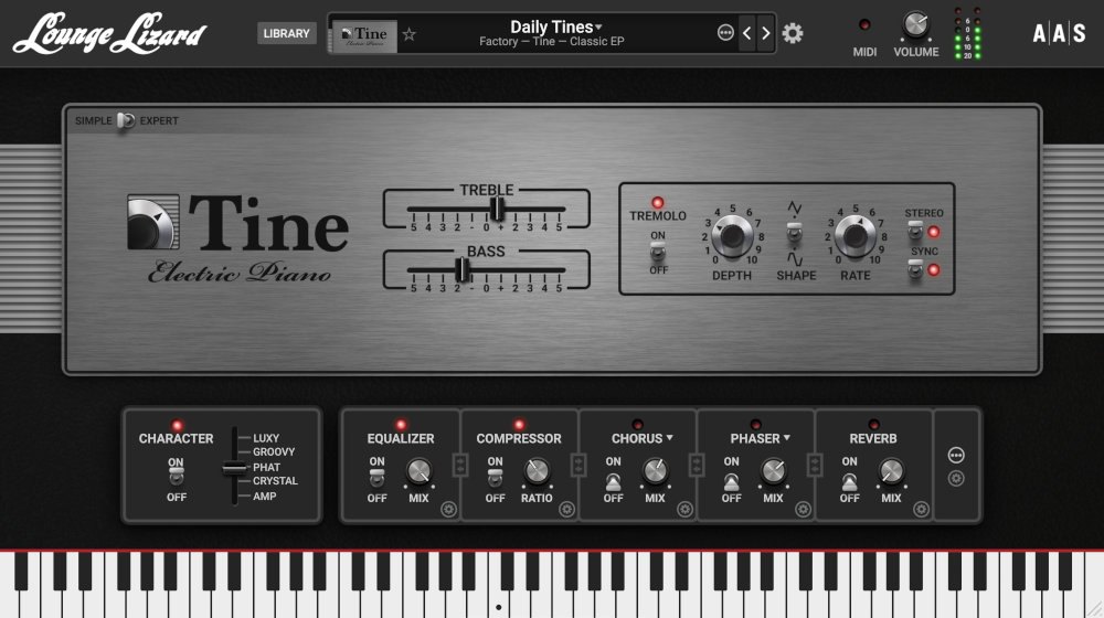 Lounge Lizard EP-5の画面。「Tine Electric Piano」のパネルにTreble、Bass、Tremoloのつまみがあり、下にCharacter、Equalizer、Compressor、Chorus、Phaser、Reverbが並ぶ