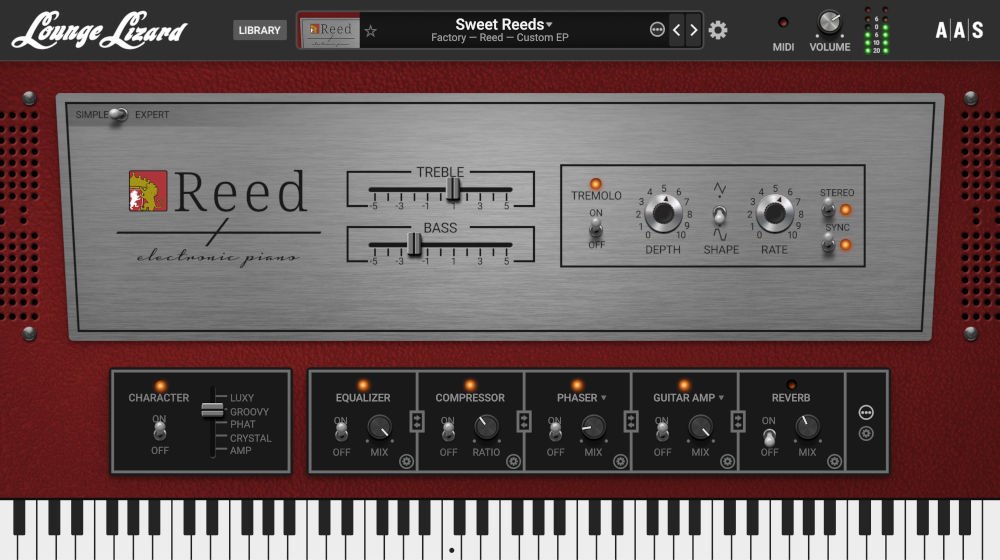 Lounge Lizard EP-5の「Reed」の画面。赤い背景に、Treble、Bass、Tremoloのつまみがあり、下にCharacter、Equalizer、Compressor、Phaser、Guitar Ampが並ぶ