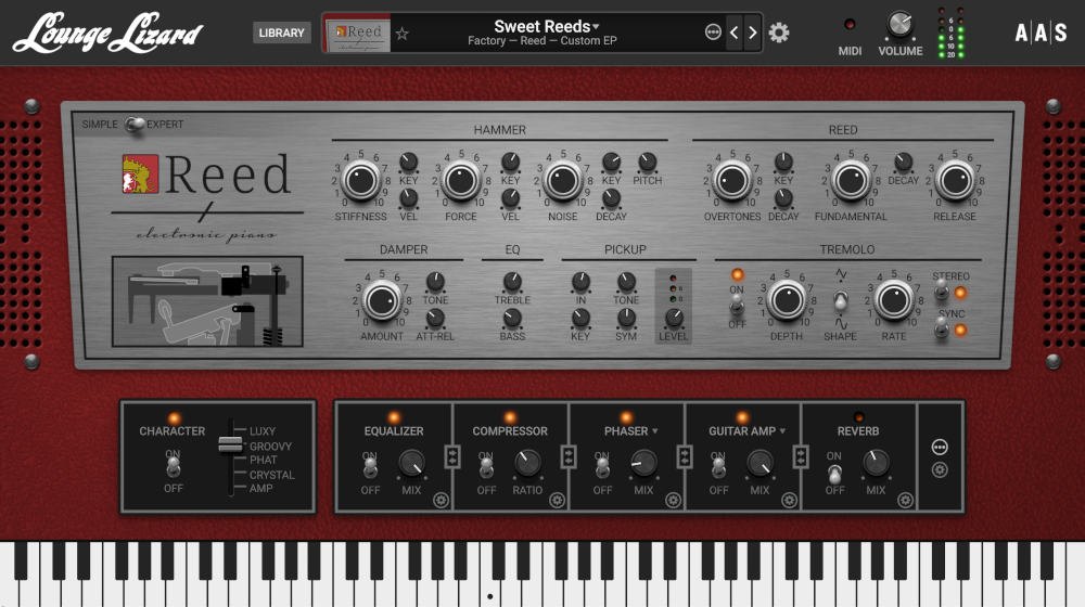 Lounge Lizard EP-5の「Reed」の詳細画面。Hammer、Reed、Damper、EQ、Pickup、Tremoloの設定が並ぶ