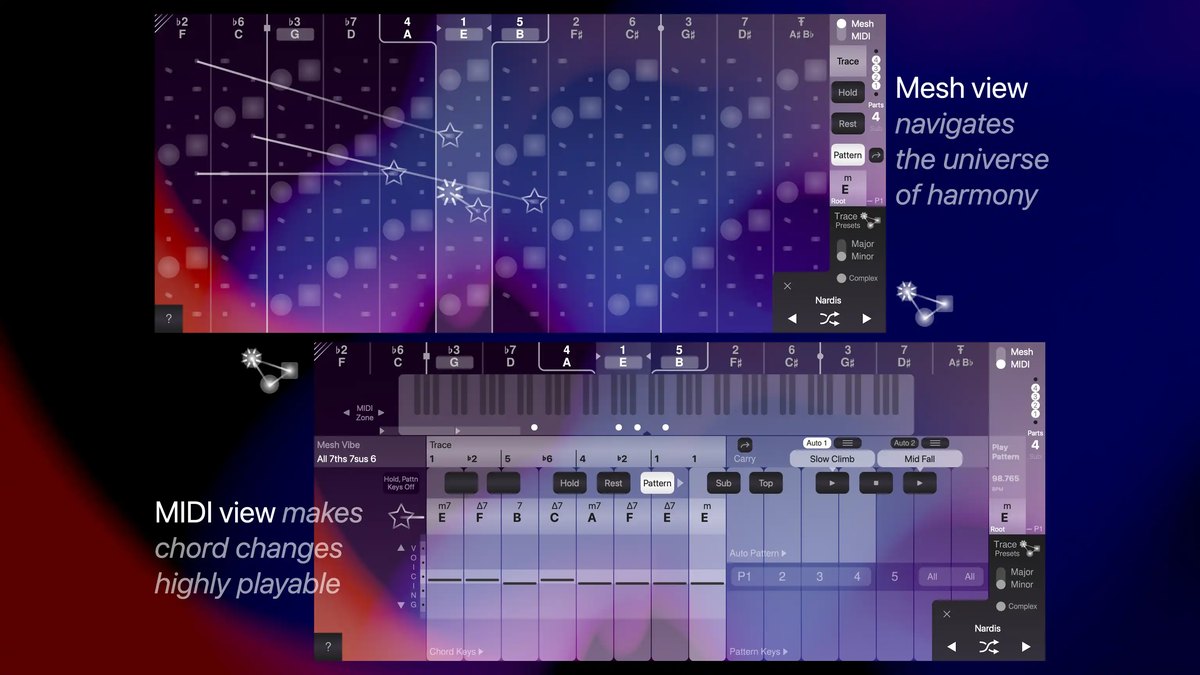 ChordAXEの2つの画面(Mesh viewとMIDI view)が並んだ宣伝画像。「Mesh view navigates the universe of harmony」「MIDI view makes chord changes highly playable」の文字がある