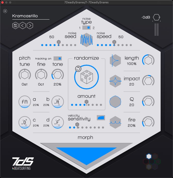 7 Deadly Snares（7dS）の画面。六角形の中に、pitch、tune、fine、tone、randomize、length、impactなどのつまみが並ぶ