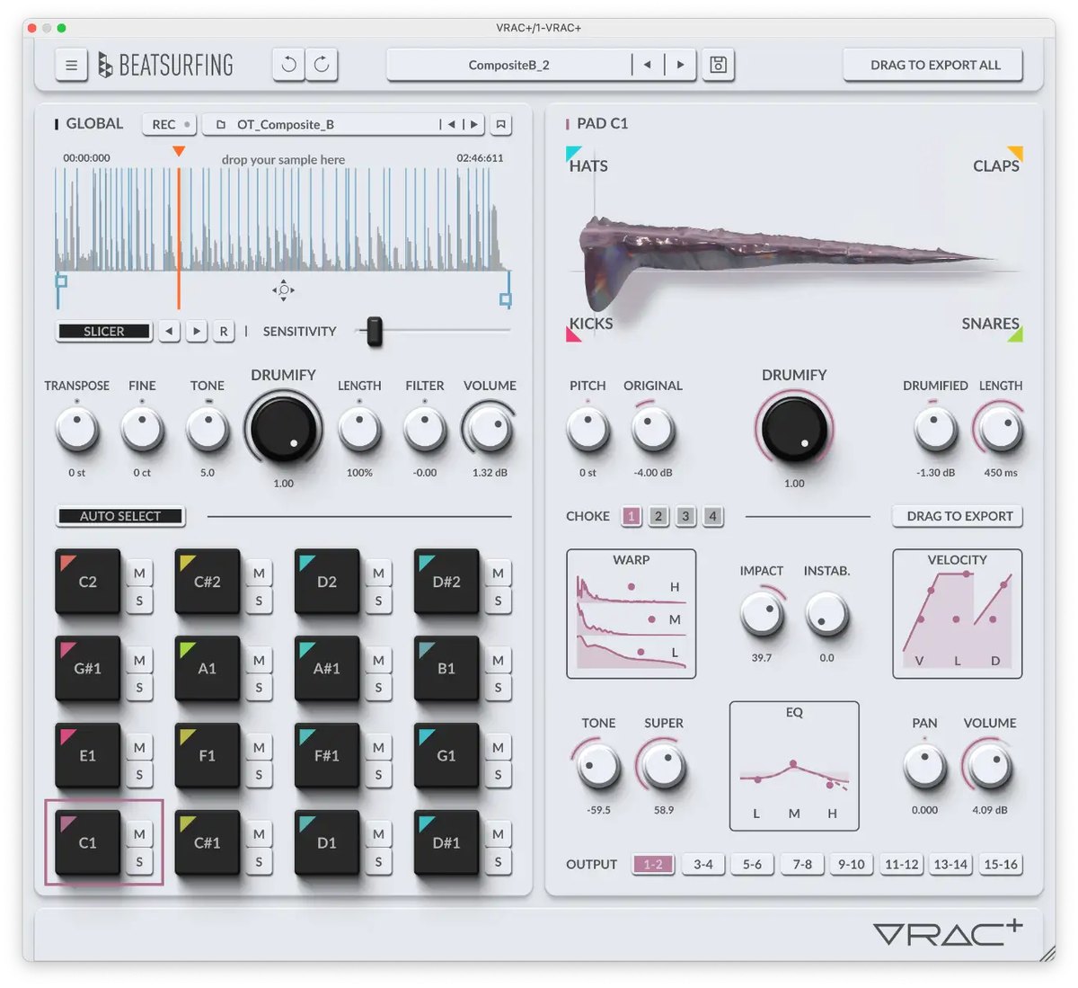 VRAC+の画面（明るい配色）。左に波形とDrumifyのつまみ、パッドが並び、右にPad C1の設定がある