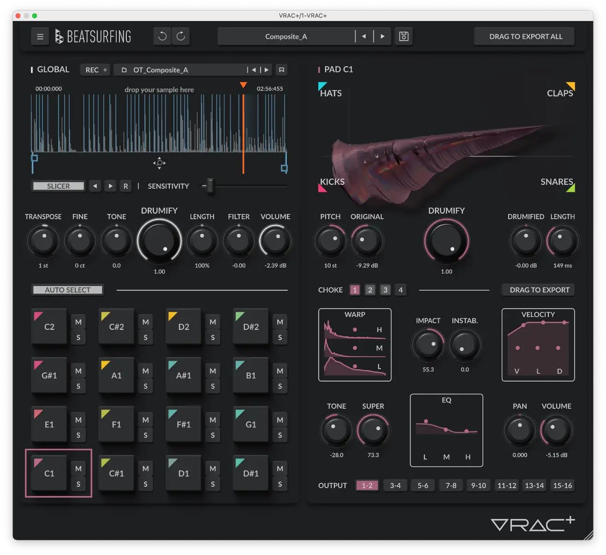 VRAC+の画面（暗い配色）。左に波形とDrumifyのつまみ、パッドが並び、右にPad C1の設定がある