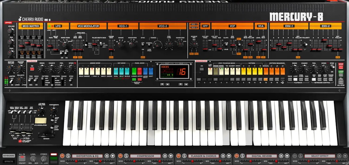 Mercury-8の画面。上にLFO、VCO Modulator、VCO-1、VCO-2、HPF、VCF、VCA、ENV-1、ENV-2、中ほどにシーケンサー、下に鍵盤とエフェクトが並ぶ
