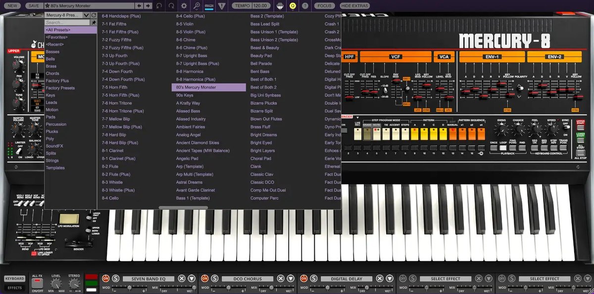 Mercury-8の画面。プリセットの一覧が開き、「80's Mercury Monster」などの名前が並ぶ