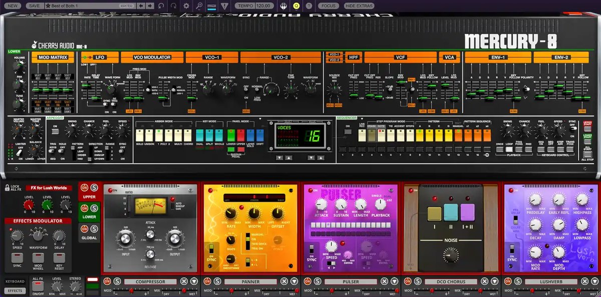 Mercury-8の画面。下にエフェクト（Compressor、Panner、Pulser、DCO Chorus、Lushverb）が大きく開いている