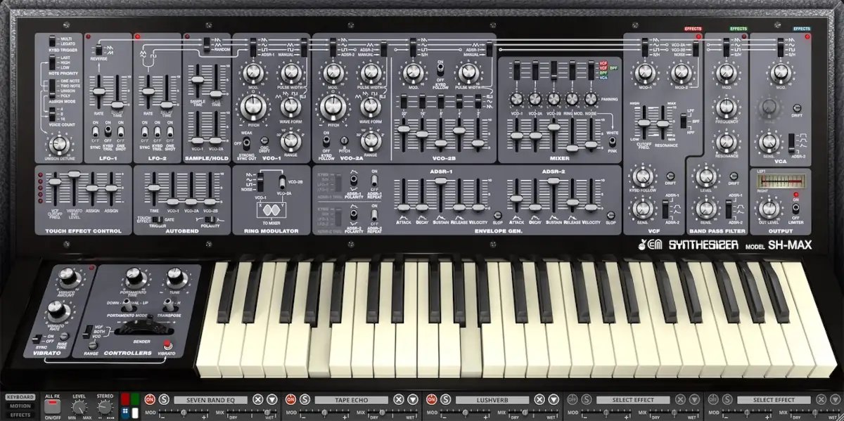 SH-MAXの画面(灰青色のパネル)。上にLFO、VCO、ミキサー、エンベロープ、下に鍵盤が並ぶ